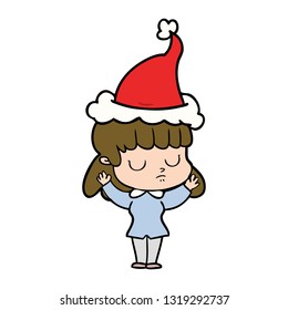 hand drawn line drawing of a indifferent woman wearing santa hat