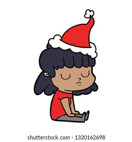 hand drawn line drawing of a indifferent woman wearing santa hat