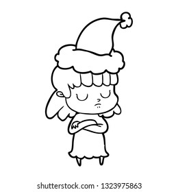 hand drawn line drawing of a indifferent woman wearing santa hat