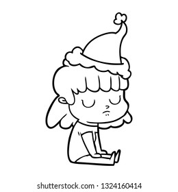 hand drawn line drawing of a indifferent woman wearing santa hat