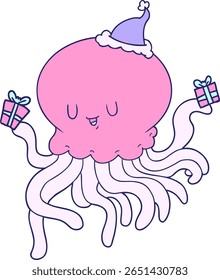 hand drawn line drawing of a jellyfish in love wearing santa hat in bright neon color