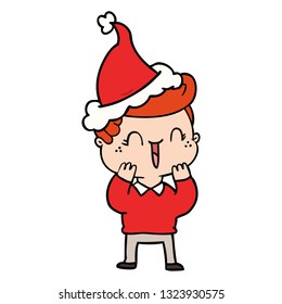 dibujo de una línea dibujada a mano de un niño riéndose usando sombrero santa