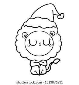 hand drawn line drawing of a lion wearing santa hat