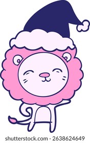 hand drawn line drawing of a lion wearing santa hat in bright neon colors
