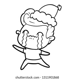 handgezeichnete Linienzeichnung eines Mannes, der mit Santamhut weint