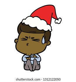 hand drawn line drawing of a man sweating wearing santa hat