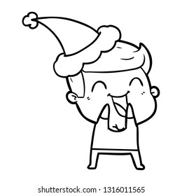 dibujo de una línea dibujada a mano de un hombre que se ríe usando sombrero santa