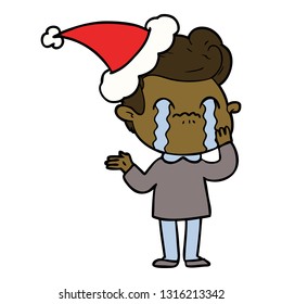 hand drawn line drawing of a man crying wearing santa hat