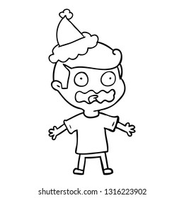hand drawn line drawing of a man totally stressed out wearing santa hat