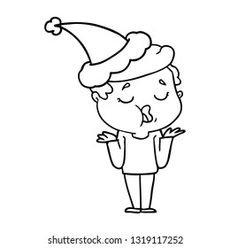 hand drawn line drawing of a man talking and shrugging shoulders wearing santa hat