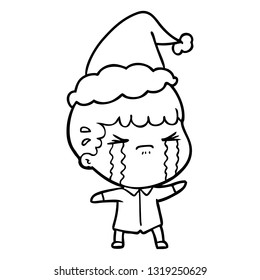 hand drawn line drawing of a man crying wearing santa hat