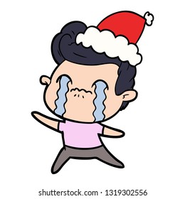 dibujo de una línea dibujada a mano de un hombre que llora usando sombrero de santa