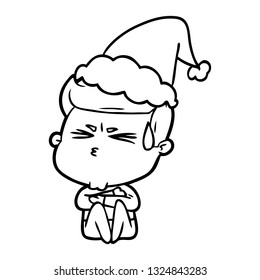 hand drawn line drawing of a man sweating wearing santa hat
