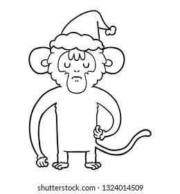 hand drawn line drawing of a monkey scratching wearing santa hat