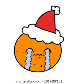 hand drawn line drawing of a orange wearing santa hat