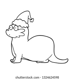 hand drawn line drawing of a otter wearing santa hat