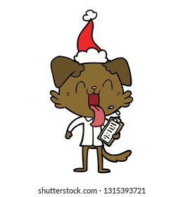 hand drawn line drawing of a panting dog with clipboard wearing santa hat