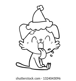 hand drawn line drawing of a panting dog wearing santa hat