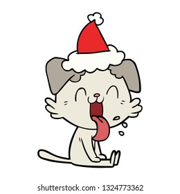 hand drawn line drawing of a panting dog wearing santa hat