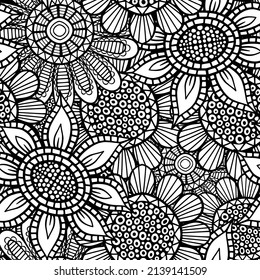A hand drawn, line drawing pattern with folk art style doodle floral elements.

