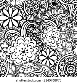 A hand drawn, line drawing pattern with folk art style doodle floral elements.
