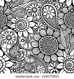 A hand drawn, line drawing pattern with folk art style doodle floral elements.
