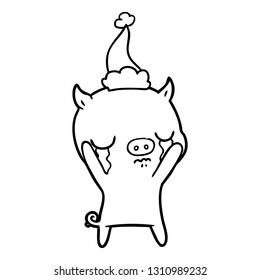 hand drawn line drawing of a pig crying wearing santa hat