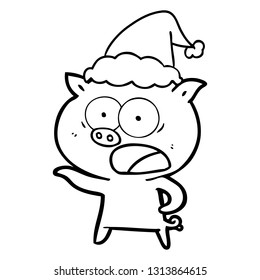 hand drawn line drawing of a pig shouting wearing santa hat