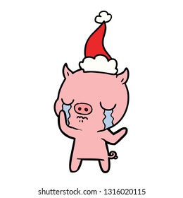 hand drawn line drawing of a pig crying wearing santa hat