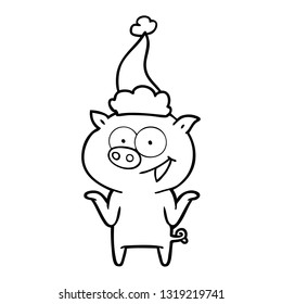 dibujo de una línea dibujada a mano de un cerdo sin preocupaciones usando sombrero santa