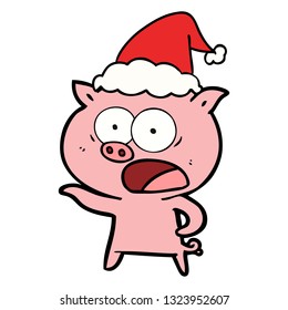 hand drawn line drawing of a pig shouting wearing santa hat