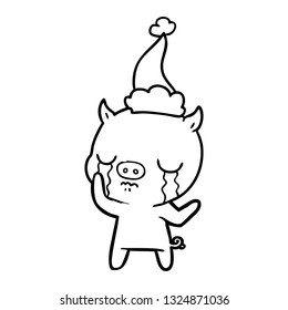 hand drawn line drawing of a pig crying wearing santa hat
