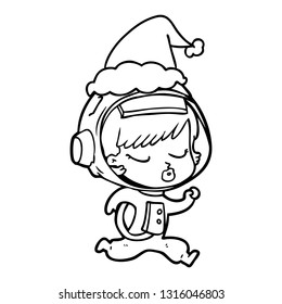 hand drawn line drawing of a pretty astronaut girl running wearing santa hat