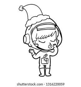 hand drawn line drawing of a pretty astronaut girl wearing santa hat