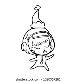 hand drawn line drawing of a pretty astronaut girl wearing santa hat