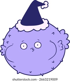 hand drawn line drawing of a puffer fish wearing santa hat in bright neon color