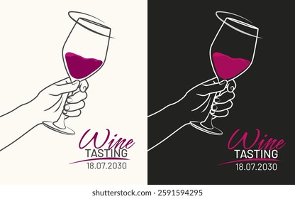 Hand drawn line drawing of red wine glasses for wine tasting.. vector illustration