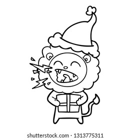 hand drawn line drawing of a roaring lion with gift wearing santa hat