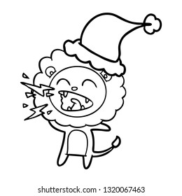 dibujo de una línea dibujada a mano de un ruidoso león con sombrero santa