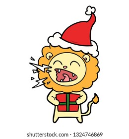 hand drawn line drawing of a roaring lion with gift wearing santa hat