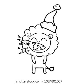 dibujo de una línea dibujada a mano de un ruidoso león con sombrero santa