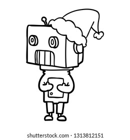 dibujo de una línea dibujada a mano de un robot que lleva sombrero santa