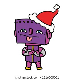 dibujo de una línea dibujada a mano de un robot que lleva sombrero santa