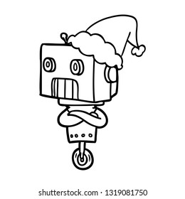 hand drawn line drawing of a robot wearing santa hat