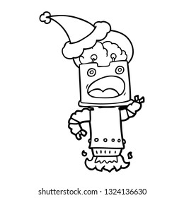 dibujo de una línea dibujada a mano de un robot que lleva sombrero santa