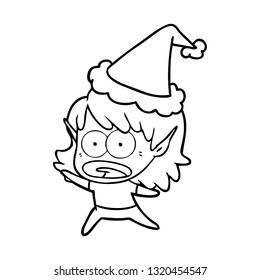 hand drawn line drawing of a shocked elf girl wearing santa hat