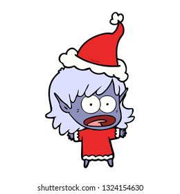 hand drawn line drawing of a shocked elf girl wearing santa hat