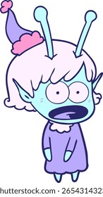 hand drawn line drawing of a shocked alien girl wearing santa hat in bright neon color