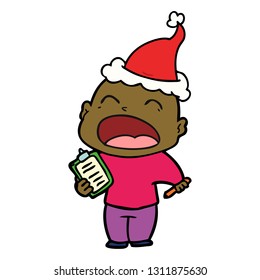 hand drawn line drawing of a shouting bald man wearing santa hat