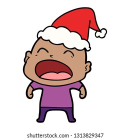 hand drawn line drawing of a shouting bald man wearing santa hat
